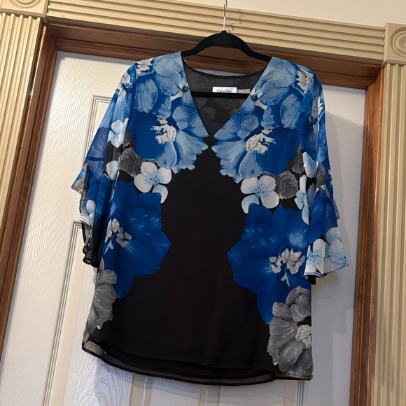 Calvin Klein Tops - Calvin Klein Floral V-Neck Blouse in Blue and Black